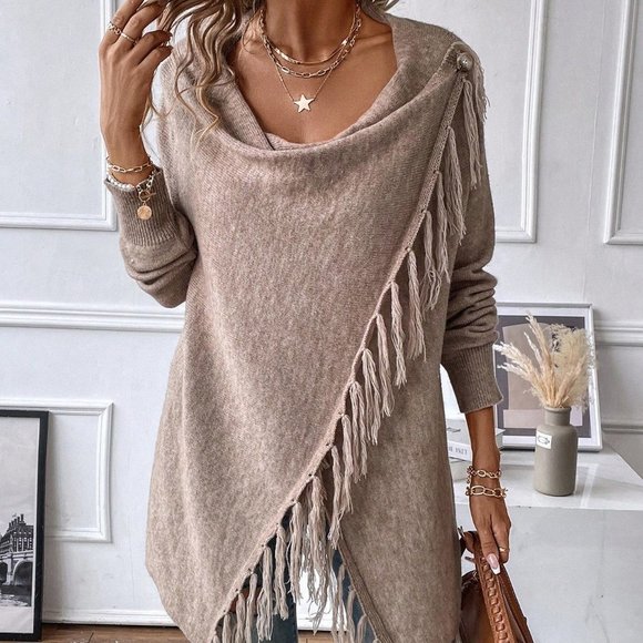 . Sweaters - Tan Preppy Womens Fringe Trim Draped Collar Wrap Cardigan